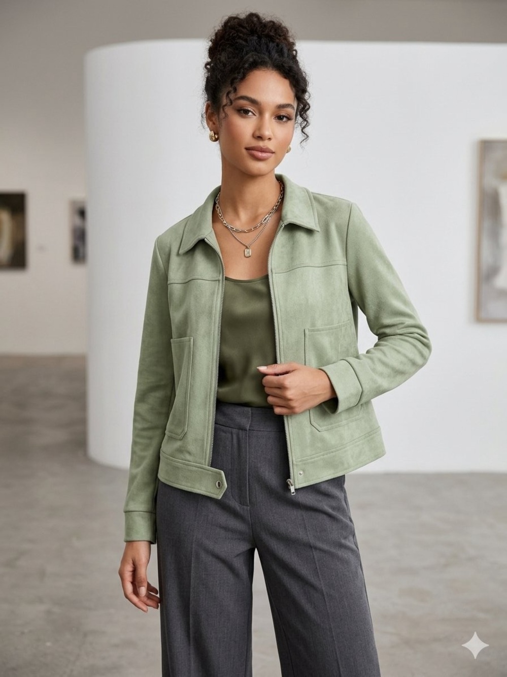 Sioni Faux Suede Knit Zip Front Jacket Sage Green S NWOT